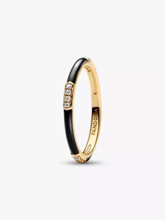 Ring mit schwarzem Emaille und Steinen, 14-karätig vergoldet