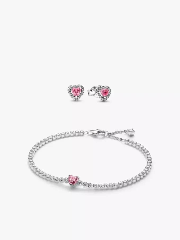 Set aus rosa funkelndem Herz-Armband und Ohrringen (2er-Set) Set aus rosa funkelndem Herz-Armband und Ohrringen (2er-Set)