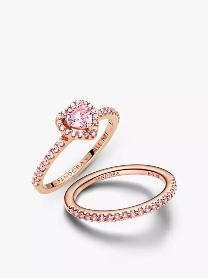 Set aus zwei rosa funkelnden, erhöhten Herzringen Set aus zwei rosa funkelnden, erhöhten Herzringen