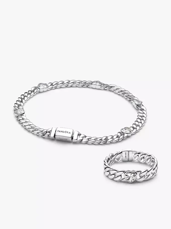 Silber-Herz-Kubaketten-Armband & Ring-Set, 2er-Set Silber-Herz-Kubaketten-Armband & Ring-Set, 2er-Set