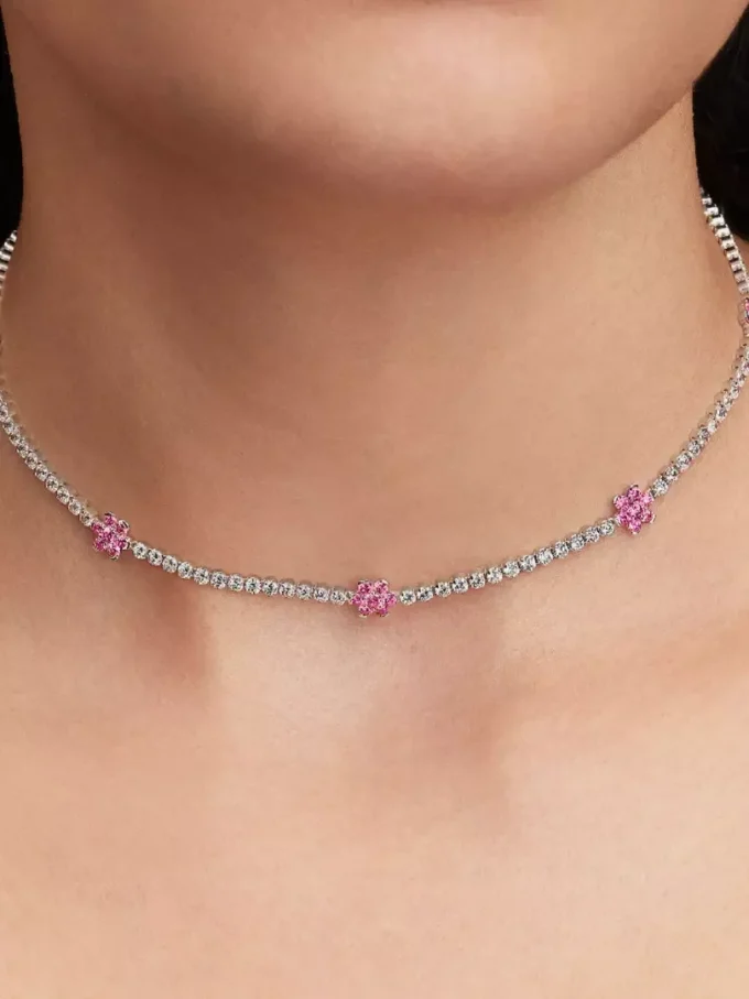 Tennis-Halskette mit rosa Blumen aus Sterlingsilber Tennis-Halskette mit rosa Blumen aus Sterlingsilber