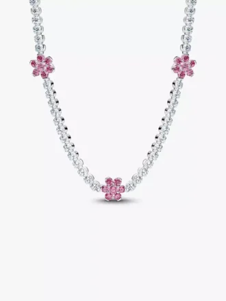 Tennis-Halskette mit rosa Blumen aus Sterlingsilber