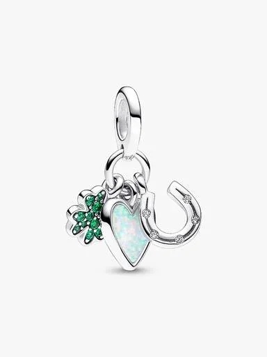 Vierblättriges Kleeblatt, Herz und Hufeisen – Dreifach-Dangle Charm – Sterlingsilber Vierblättriges Kleeblatt, Herz und Hufeisen – Dreifach-Dangle Charm – Sterlingsilber