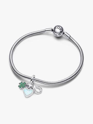 Vierblättriges Kleeblatt, Herz und Hufeisen – Dreifach-Dangle Charm – Sterlingsilber Vierblättriges Kleeblatt, Herz und Hufeisen – Dreifach-Dangle Charm – Sterlingsilber