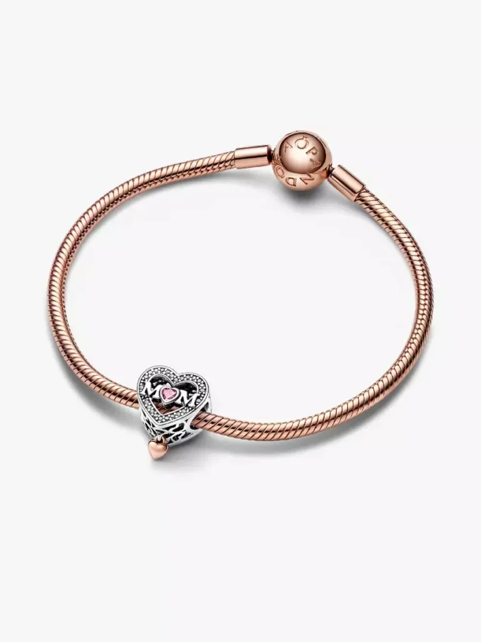 Zweifarbiger, durchbrochener „Mom & Heart“-Charm aus Sterlingsilber, 14 Karat Roségold-Beschichtung