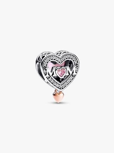 Zweifarbiger durchbrochener „Mom & Heart“-Charm – Sterlingsilber, 14 Karat Roségold-Beschichtung Zweifarbiger durchbrochener „Mom & Heart“-Charm – Sterlingsilber, 14 Karat Roségold-Beschichtung