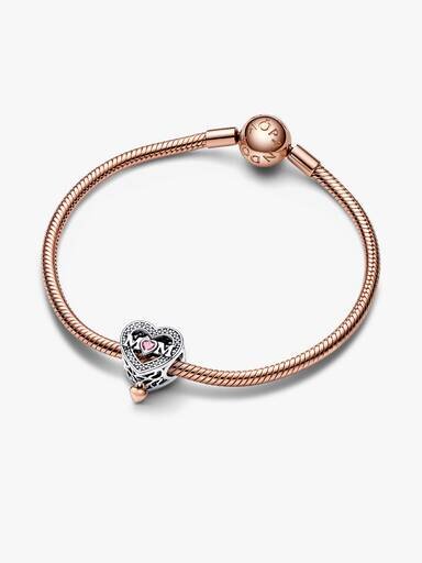 Zweifarbiger durchbrochener „Mom & Heart“-Charm – Sterlingsilber, 14 Karat Roségold-Beschichtung Zweifarbiger durchbrochener „Mom & Heart“-Charm – Sterlingsilber, 14 Karat Roségold-Beschichtung
