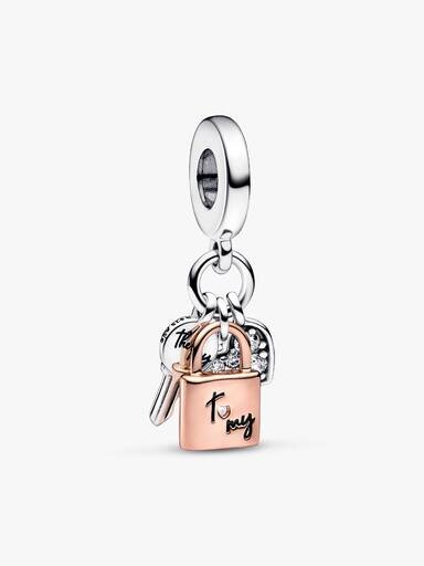 Zweifarbiger Schlüssel-, Vorhängeschloss- und Herz-Dangle Charm – Sterlingsilber, 14-karätige Roségoldbeschichtung Zweifarbiger Schlüssel-, Vorhängeschloss- und Herz-Dangle Charm – Sterlingsilber, 14-karätige Roségoldbeschichtung