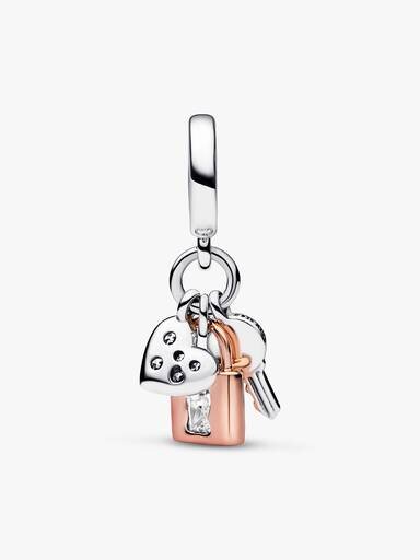 Zweifarbiger Schlüssel-, Vorhängeschloss- und Herz-Dangle Charm – Sterlingsilber, 14-karätige Roségoldbeschichtung Zweifarbiger Schlüssel-, Vorhängeschloss- und Herz-Dangle Charm – Sterlingsilber, 14-karätige Roségoldbeschichtung
