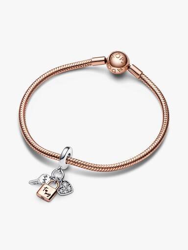 Zweifarbiger Schlüssel-, Vorhängeschloss- und Herz-Dangle Charm – Sterlingsilber, 14-karätige Roségoldbeschichtung Zweifarbiger Schlüssel-, Vorhängeschloss- und Herz-Dangle Charm – Sterlingsilber, 14-karätige Roségoldbeschichtung