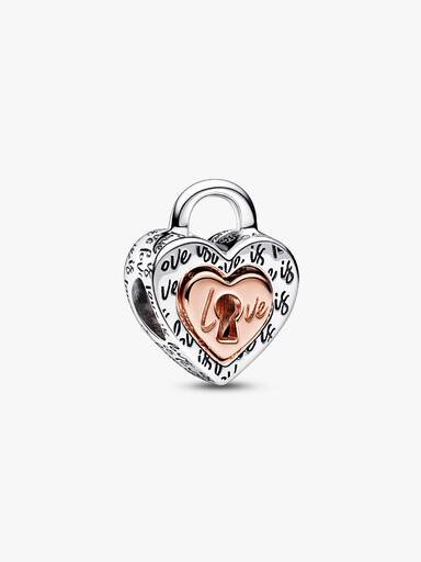 Zweifarbiger, teilbarer Herz-Charm mit Vorhängeschloss – Sterlingsilber, 14 Karat Roségold-Beschichtung Zweifarbiger, teilbarer Herz-Charm mit Vorhängeschloss – Sterlingsilber, 14 Karat Roségold-Beschichtung
