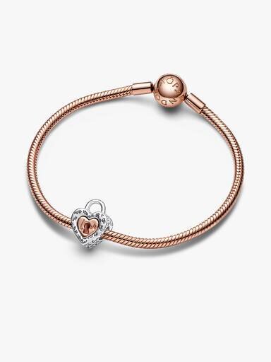 Zweifarbiger, teilbarer Herz-Charm mit Vorhängeschloss – Sterlingsilber, 14 Karat Roségold-Beschichtung Zweifarbiger, teilbarer Herz-Charm mit Vorhängeschloss – Sterlingsilber, 14 Karat Roségold-Beschichtung