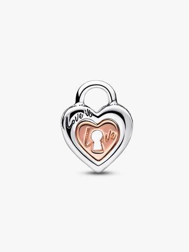 Zweifarbiger, teilbarer Herz-Charm mit Vorhängeschloss – Sterlingsilber, 14 Karat Roségold-Beschichtung Zweifarbiger, teilbarer Herz-Charm mit Vorhängeschloss – Sterlingsilber, 14 Karat Roségold-Beschichtung