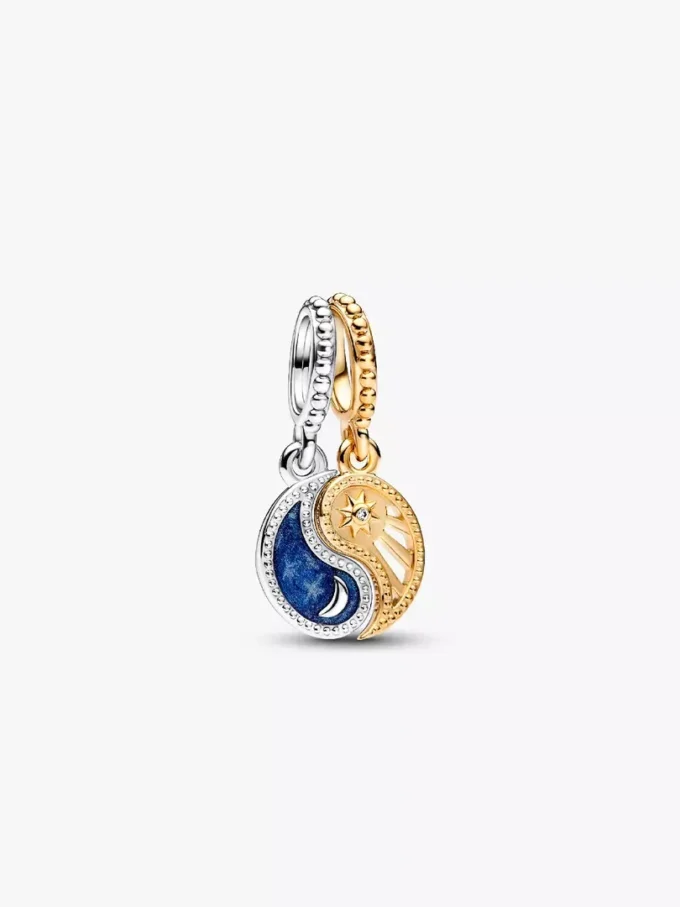 Zweifarbiger, teilbarer Sonnen- und Mond-Dangle Charm aus Sterlingsilber, 14-karätig vergoldet