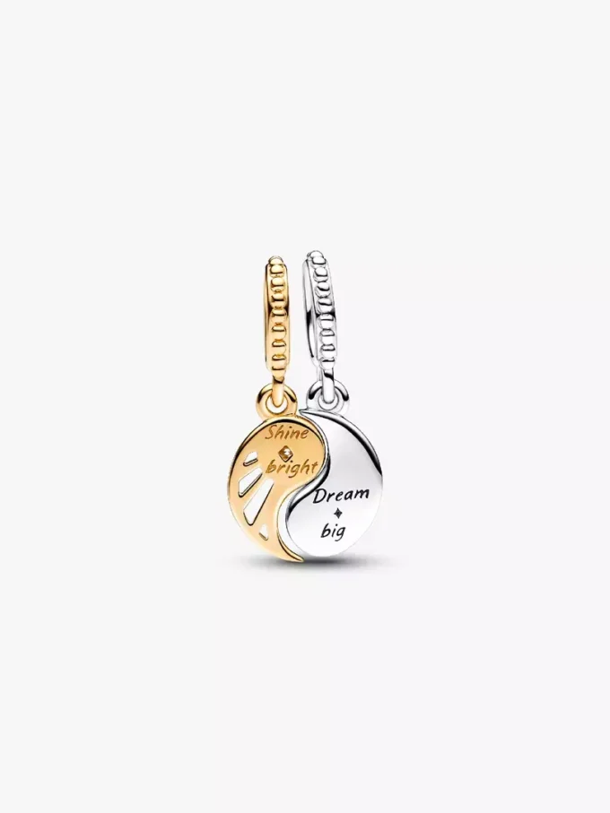 Zweifarbiger, teilbarer Sonnen- und Mond-Dangle Charm aus Sterlingsilber, 14-karätig vergoldet