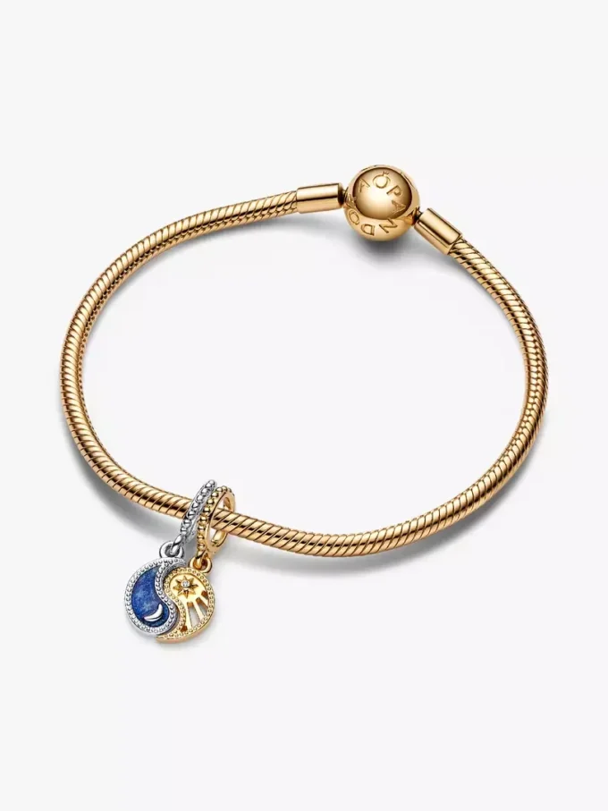 Zweifarbiger, teilbarer Sonnen- und Mond-Dangle Charm aus Sterlingsilber, 14-karätig vergoldet