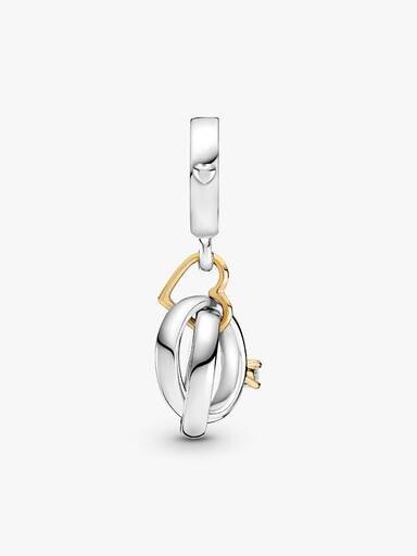 Zweifarbiger „Wedding Rings“-Dangle Charm – 14 Karat Gold, Sterlingsilber Zweifarbiger „Wedding Rings“-Dangle Charm – 14 Karat Gold, Sterlingsilber