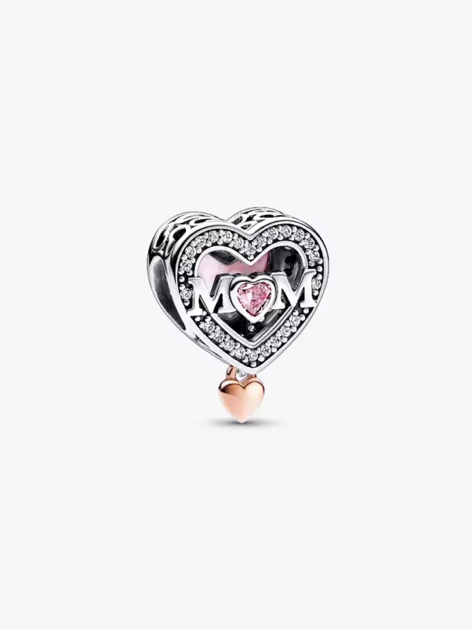 Zweifarbiger, durchbrochener „Mom & Heart“-Charm aus Sterlingsilber, 14 Karat Roségold-Beschichtung